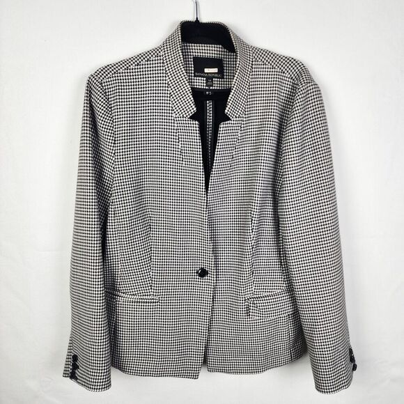Banana Republic Ponte Houndstooth Black One Button Fitted Blazer Size 14 Preppy - Picture 1 of 6